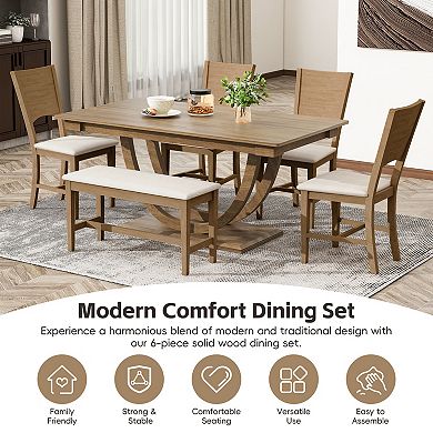 Merax 6-Piece Wood Half Round Dining Table Set with Long Bench and 4 Chairs Modern Style