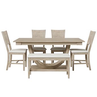Merax 6 pc Wood Half Round Dining Table Set with Long Bench and 4 Chairs Modern Style