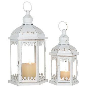 MOEPLSY 2 ct White Metal Glass Lanterns, Indoor Outdoor Candle Holders for Porch, Garden & Wedding