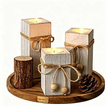 MOEPLSY 3-Pack Rustic Flameless LED Candles with Wooden Holders, Battery Operated Farmhouse Decor