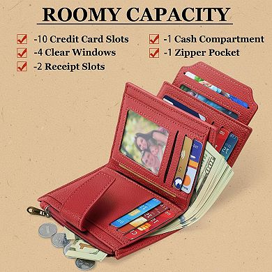 KAUFLY Women's RFID Leather Bifold Wallet, Compact w/ Zipper & 4 ID Windows