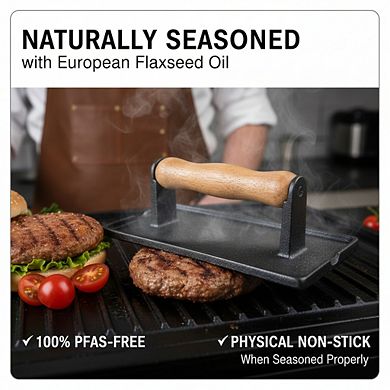 Cast Iron Burger Press with Natural Seasoning, 100% Flaxseed Oil for Grill Griddle