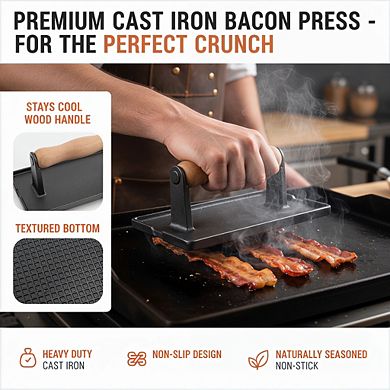 Cast Iron Burger Press with Natural Seasoning, 100% Flaxseed Oil for Grill Griddle