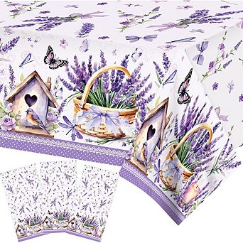 Lavender Floral Tablecloth 3-Pack, Disposable Waterproof Plastic Butterfly Party Covers