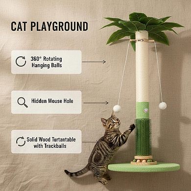 Nicate 37.5'' Tall Cat Sisal Scratcher Tree with Mouse Hole Interactive Ball Rotating Groomer Brush
