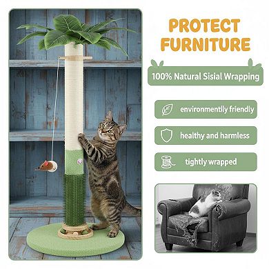 Nicate 37.5'' Tall Cat Sisal Scratcher Tree with Mouse Hole Interactive Ball Rotating Groomer Brush