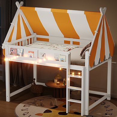 Merax Loft Bed with Canopy, LED Lights & Book Shelf