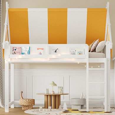 Merax Loft Bed with Canopy, LED Lights & Book Shelf