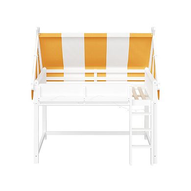 Merax Loft Bed with Canopy, LED Lights & Book Shelf