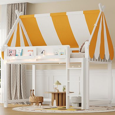 Merax Loft Bed with Canopy, LED Lights & Book Shelf