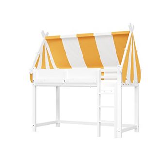 Merax Loft Bed with Canopy, LED Lights & Book Shelf