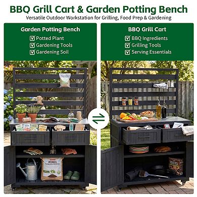 Merax 64.9'' H Large Patio Kitchen Island, Solid Wood BBQ Prep Table with Stainless Steel Top