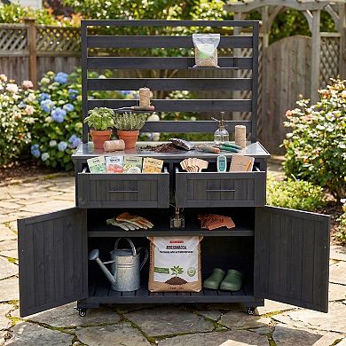 Merax 64.9'' H Large Patio Kitchen Island, Solid Wood BBQ Prep Table with Stainless Steel Top
