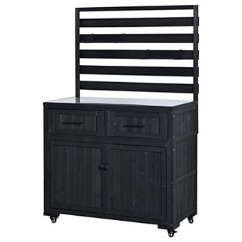 Merax 64.9'' H Large Patio Kitchen Island, Solid Wood BBQ Prep Table with Stainless Steel Top