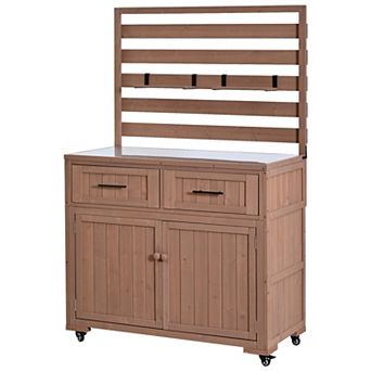 Merax 64.9'' H Large Patio Kitchen Island, Solid Wood BBQ Prep Table with Stainless Steel Top