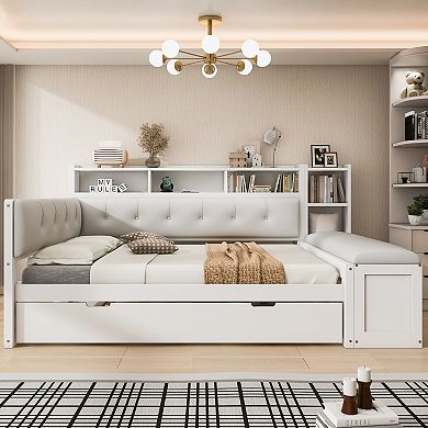Merax Full Size Wood Daybed with Trundle, Storage Shelves, Bench, Charging Station
