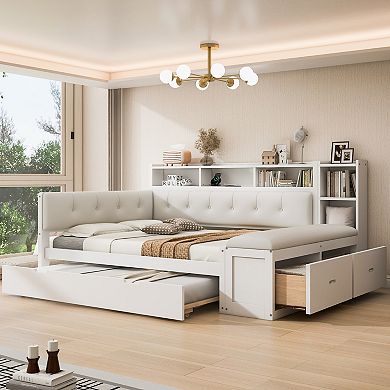 Merax Full Size Wood Daybed with Trundle, Storage Shelves, Bench, Charging Station