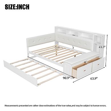 Merax Full Size Wood Daybed with Trundle, Storage Shelves, Bench, Charging Station