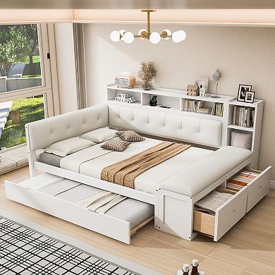 Merax Full Size Wood Daybed with Trundle, Storage Shelves, Bench, Charging Station