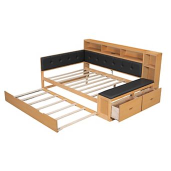 Merax Full Size Wood Daybed with Trundle, Storage Shelves, Bench, Charging Station