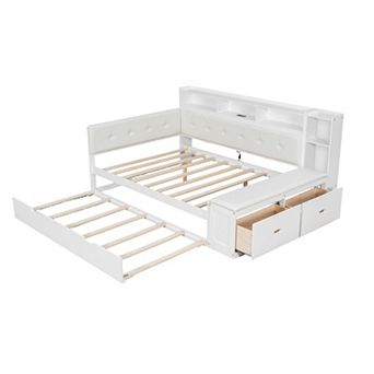Merax Full Size Wood Daybed with Trundle, Storage Shelves, Bench, Charging Station