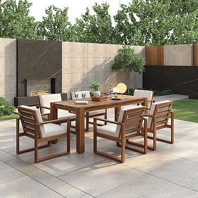 Merax 7-Piece Outdoor Patio Dining Set for 6, Wood Frame Table and Chairs with Umbrella Hole