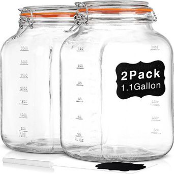 Great Ambitions 2-Pack 1.1 Gallon Square Glass Jars, Airtight & Wide Mouth