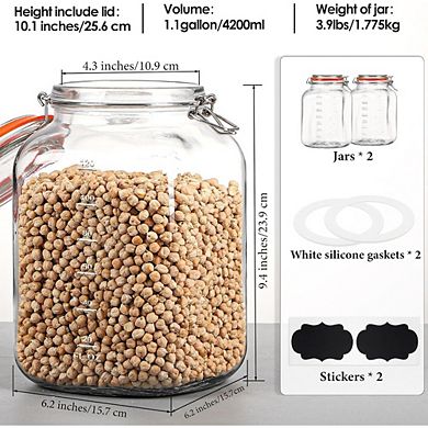 Great Ambitions 2-Pack 1.1 Gallon Square Glass Jars, Airtight & Wide Mouth
