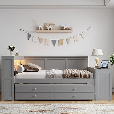 Merax Full Size Daybed with Storage Shelves,Drawers,Trundle,Charging Station