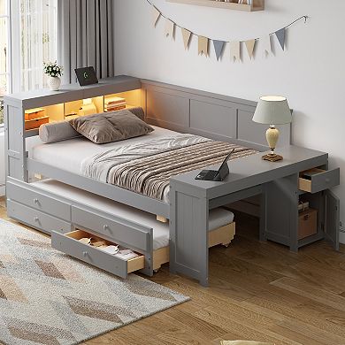 Merax Full Size Daybed with Storage Shelves,Drawers,Trundle,Charging Station