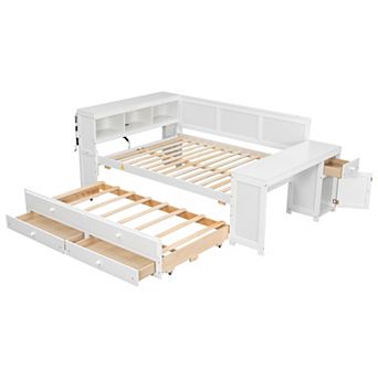 Merax Full Size Daybed with Storage Shelves,Drawers,Trundle,Charging Station
