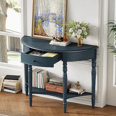 Merax Farmhouse Half Moon Console Table with Drawer & Shelf Rustic Accent Sofa Table