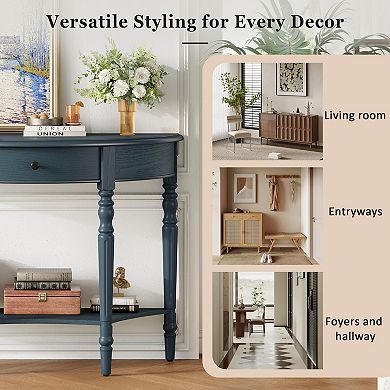 Merax Farmhouse Half Moon Console Table with Drawer & Shelf Rustic Accent Sofa Table