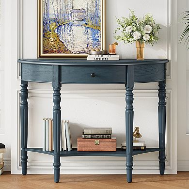 Merax Farmhouse Half Moon Console Table with Drawer & Shelf Rustic Accent Sofa Table