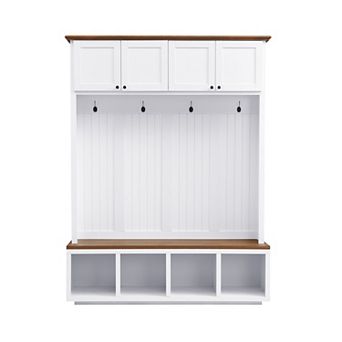 Merax Farmhouse 4-in-1 Hall Tree with Bench, Storage Cabinets & Coat Hooks for Entryway, Living Room