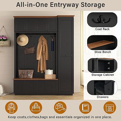 Merax 78.7" 5-in-1 Farmhouse Hall Tree with Storage Bench, Coat Rack, Shoe Bench