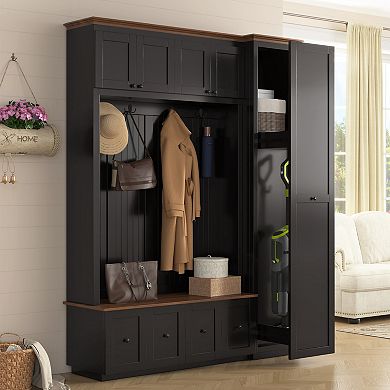 Merax 78.7" 5-in-1 Farmhouse Hall Tree with Storage Bench, Coat Rack, Shoe Bench