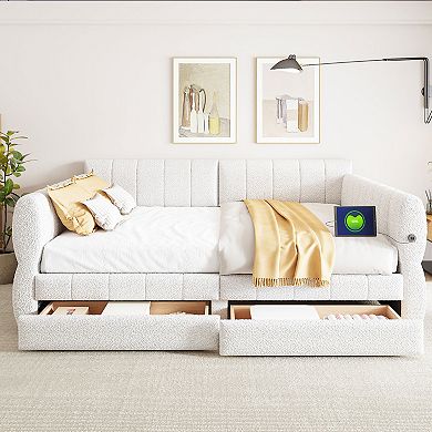 Merax King Size Upholstered Platform Bed with USB and 2 Drawers
