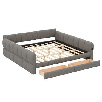 Merax King Size Upholstered Platform Bed with USB and 2 Drawers