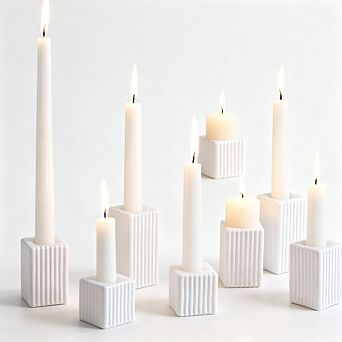 MOEPLSY 12 pc White Striped Glass Taper Candle Holders, Decorative Set for Wedding