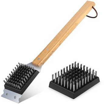 BBQ Grill Brush Scraper, Replaceable Stainless Steel Head, Wood Handle