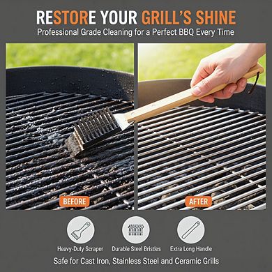 BBQ Grill Brush Scraper, Replaceable Stainless Steel Head, Wood Handle