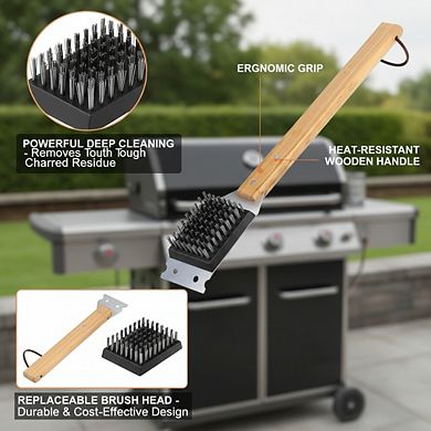 BBQ Grill Brush Scraper, Replaceable Stainless Steel Head, Wood Handle