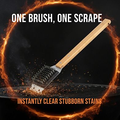 BBQ Grill Brush Scraper, Replaceable Stainless Steel Head, Wood Handle