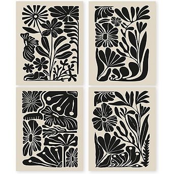 Boho Black Floral Wall Art Set of 4 Abstract Botanical Prints Decor