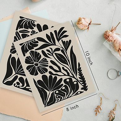Boho Black Floral Wall Art Set of 4 Abstract Botanical Prints Decor