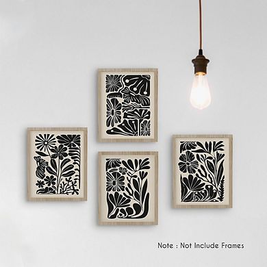 Boho Black Floral Wall Art Set of 4 Abstract Botanical Prints Decor