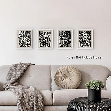 Boho Black Floral Wall Art Set of 4 Abstract Botanical Prints Decor