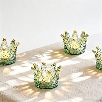 MOEPLSY 6-Pack Green Gold Crown Glass Votive Candle Holders, Vintage Tealight Holders