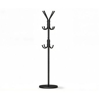 Great Ambitions Freestanding Coat Rack with 12 Hooks, Modern Black & Wood Base for Entryway Bedroom